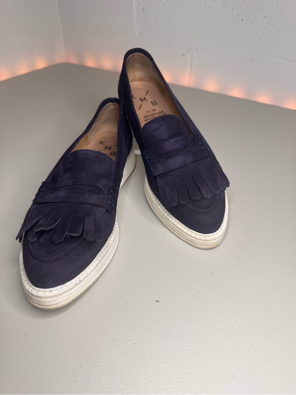 KMB Navy Suede Platform Loafers Fringe Shoes Women’s US 8 EU 38 Made in Spain